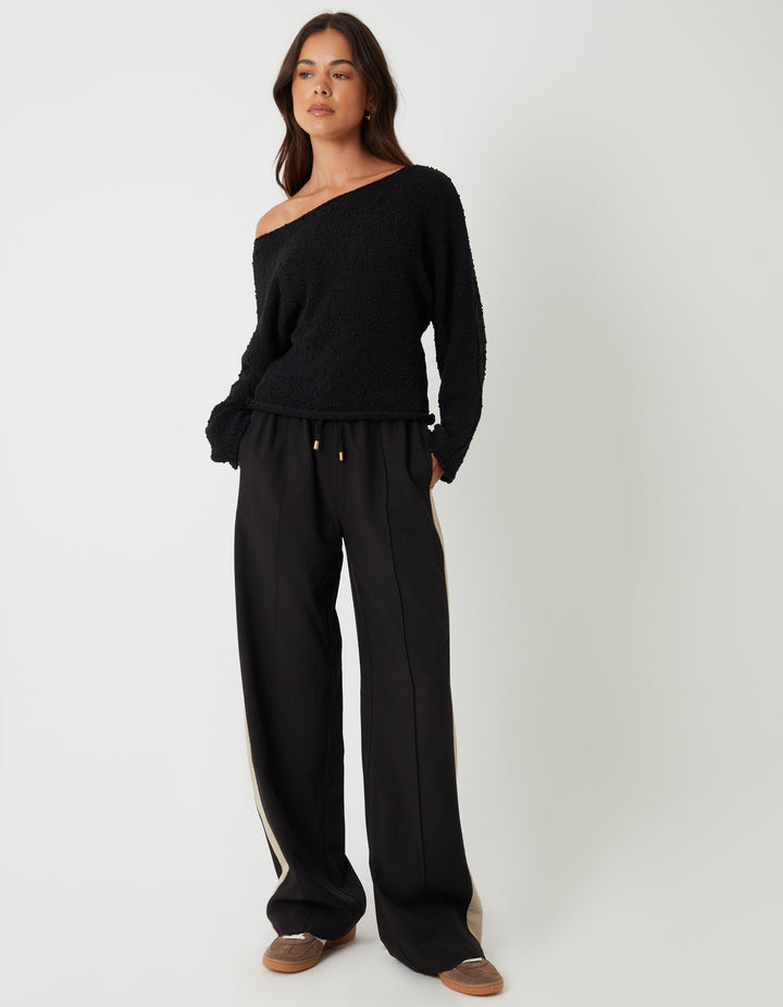 Black Popcorn Knit Slash Neck Jumper