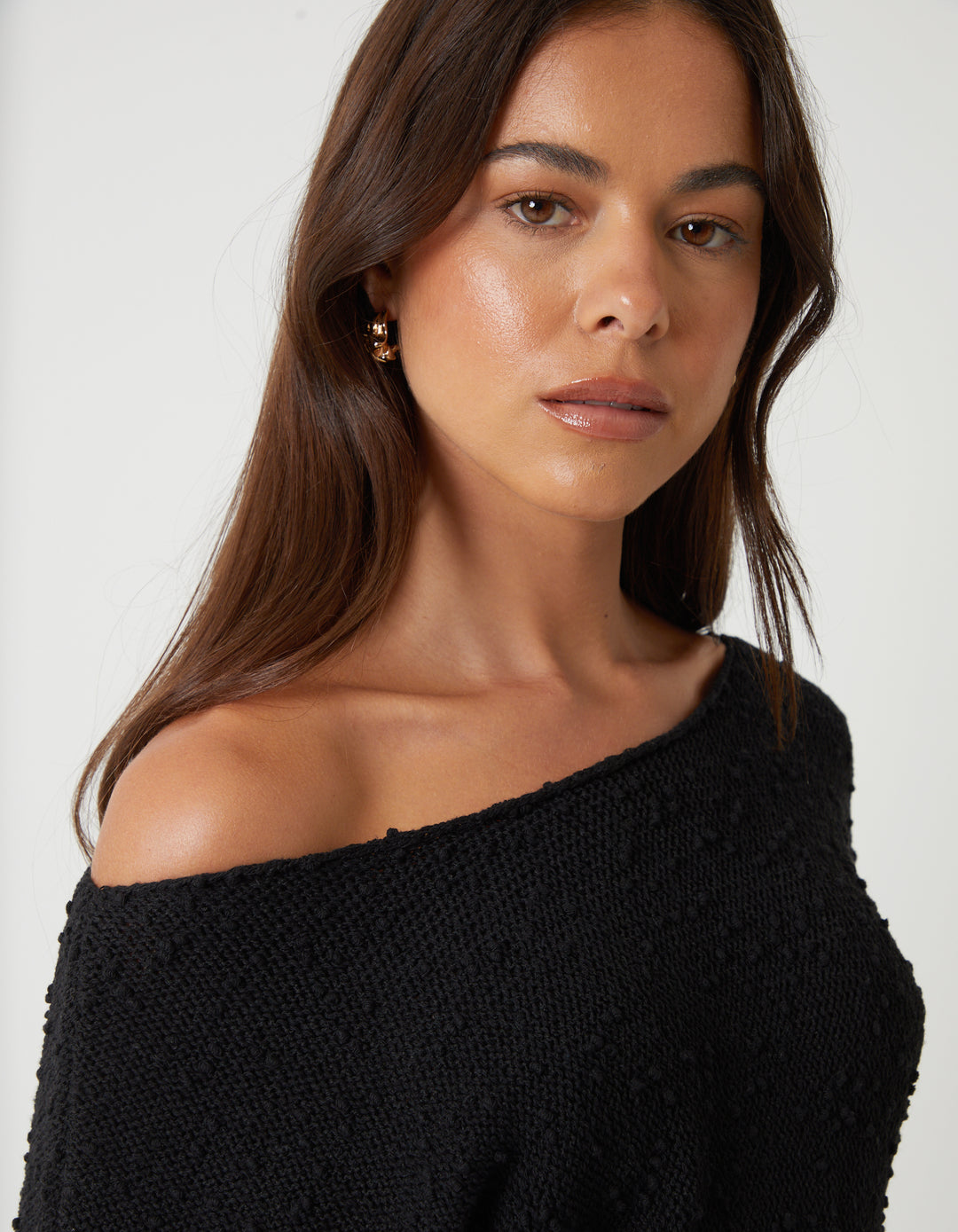 Black Popcorn Knit Slash Neck Jumper