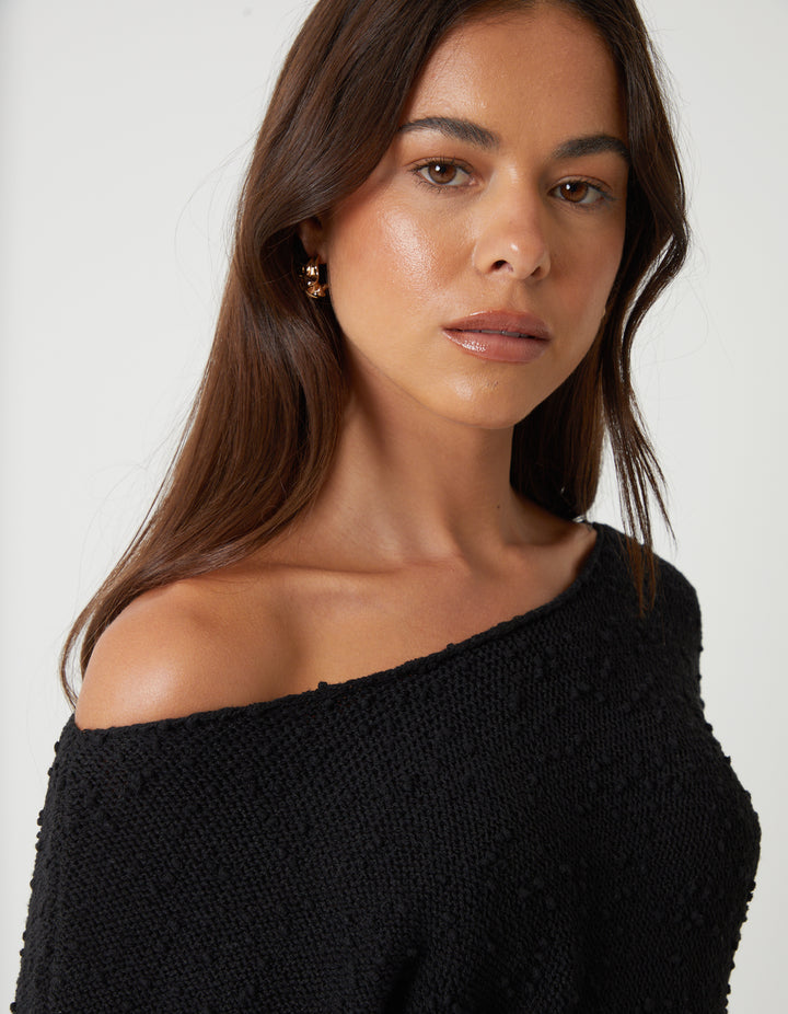 Black Popcorn Knit Slash Neck Jumper