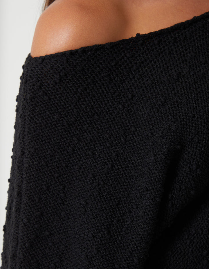 Black Popcorn Knit Slash Neck Jumper