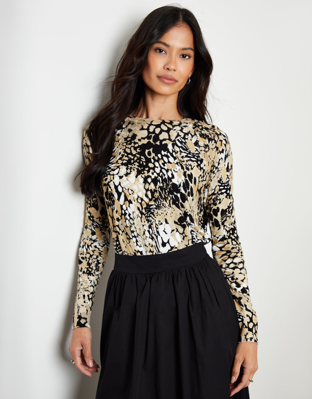 Abstract Leopard Print Knitted Crew Neck Jumper