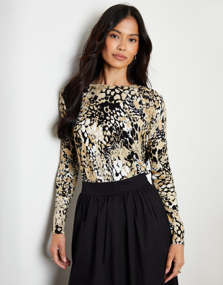 Abstract Leopard Print Knitted Crew Neck Jumper