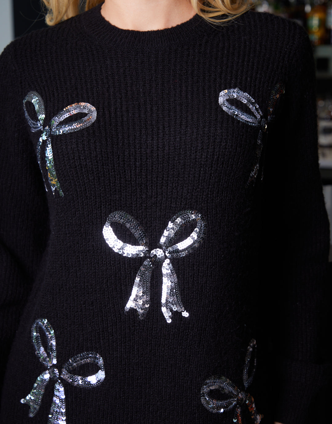 Black Sequin Bow Embellished Knitted Jumper Dress
