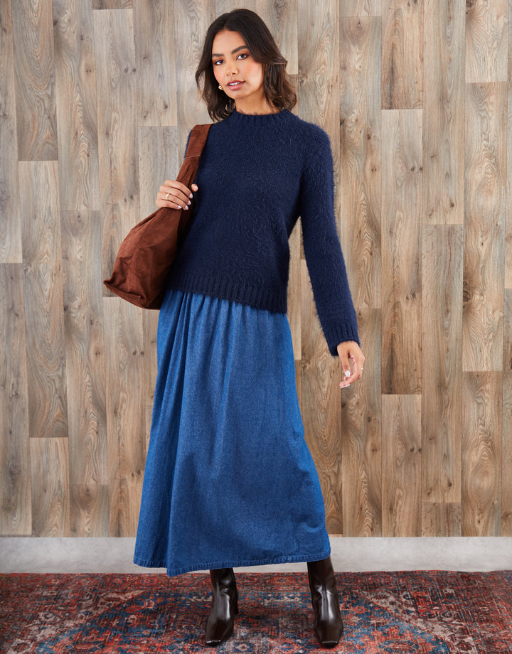 Navy Eyelash Knit Crew Neck Jumper