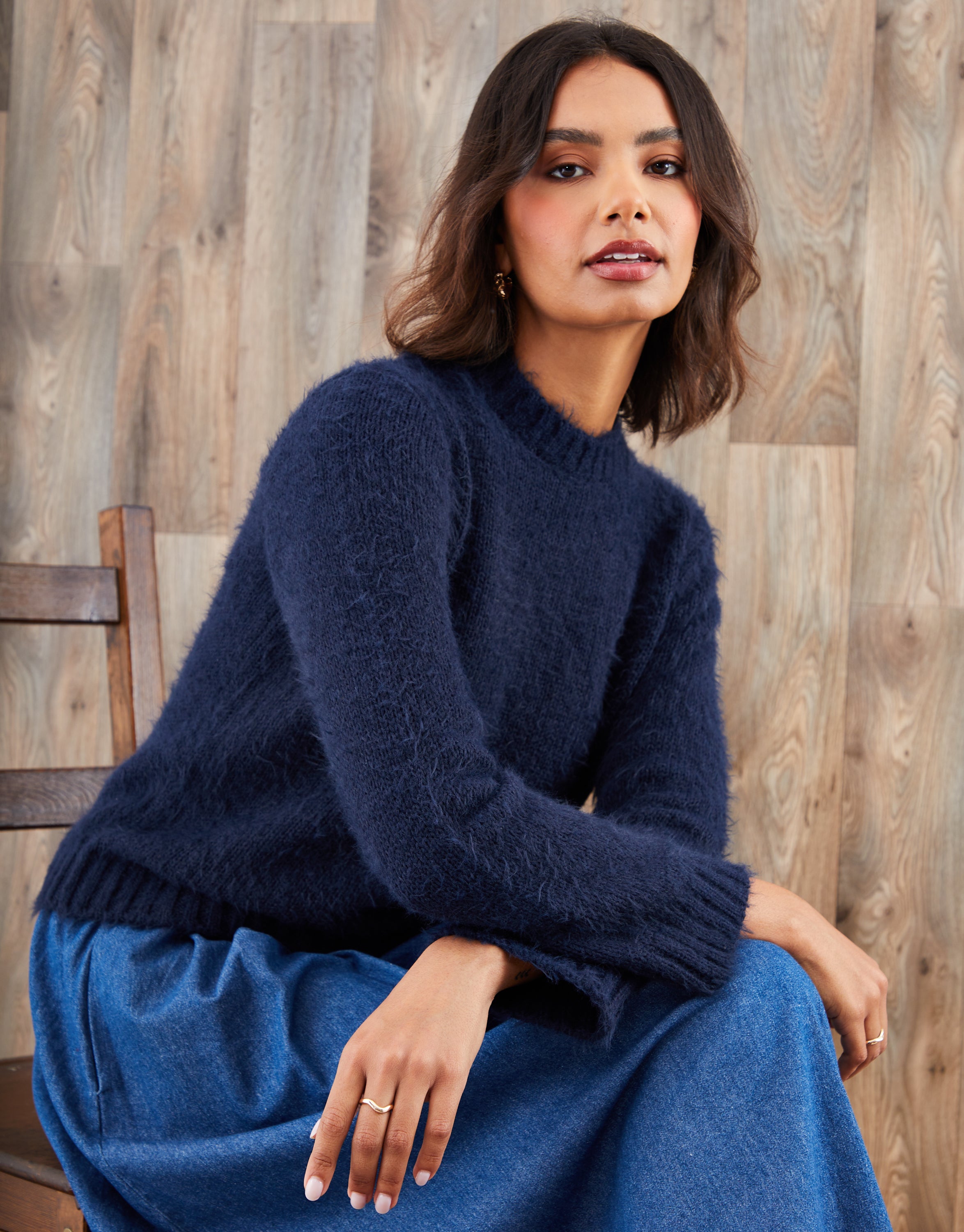 Threadbare Women's Navy Eyelash Knit Crew Neck Jumper