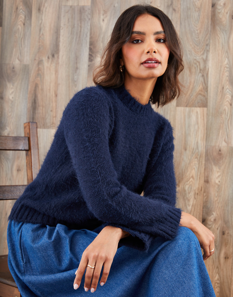 Threadbare Women's Navy Eyelash Knit Crew Neck Jumper