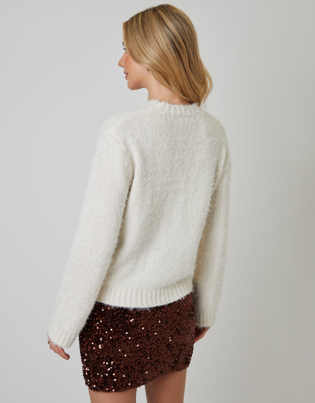 Ecru Eyelash Knit Crew Neck Jumper