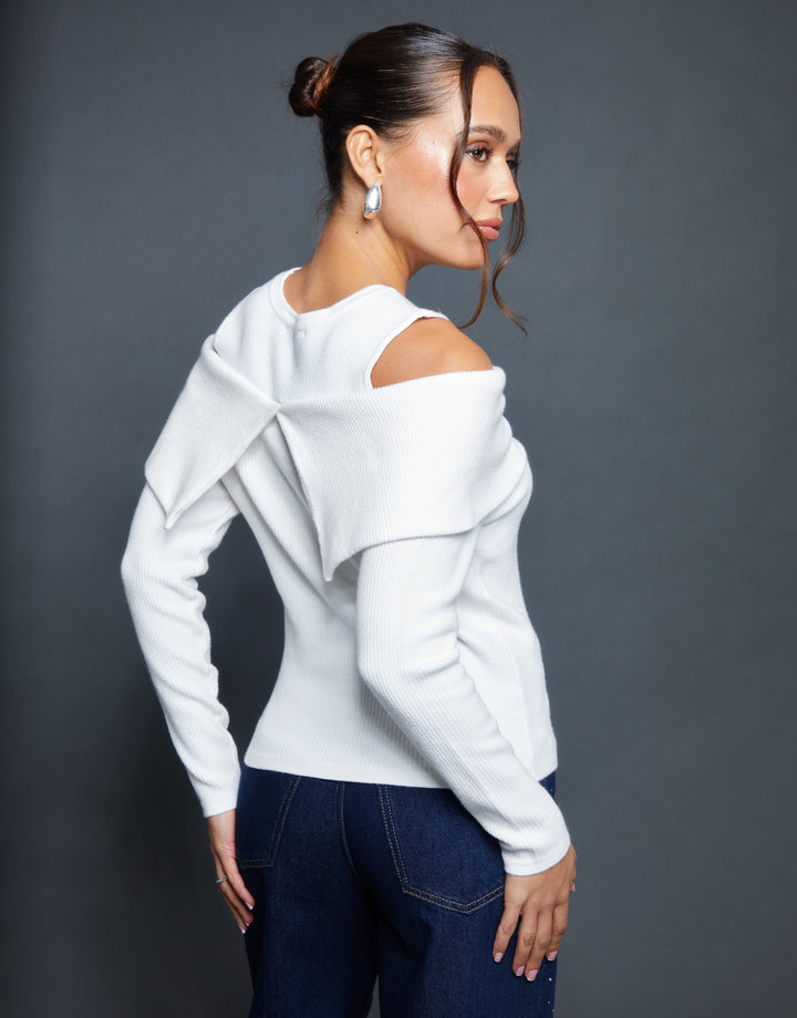 White Cold Shoulder Bow Detail Knitted Jumper