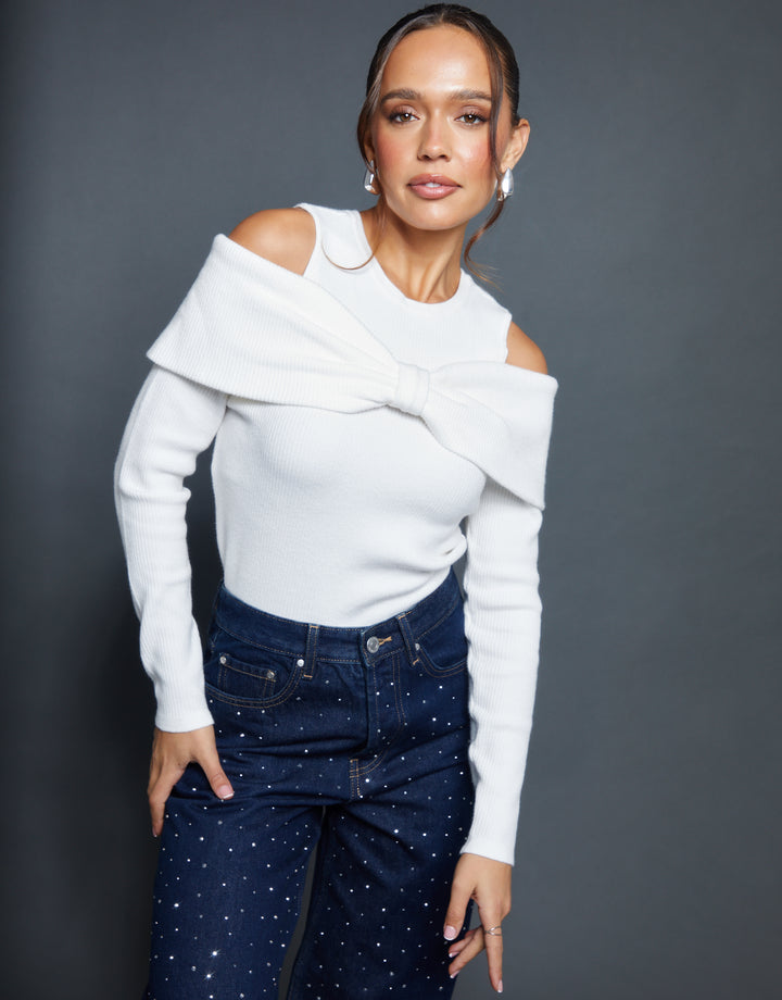 White Cold Shoulder Bow Detail Knitted Jumper
