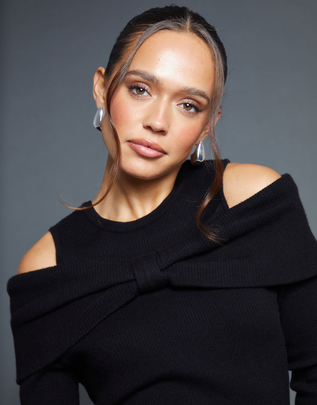 Black Cold Shoulder Bow Detail Knitted Jumper