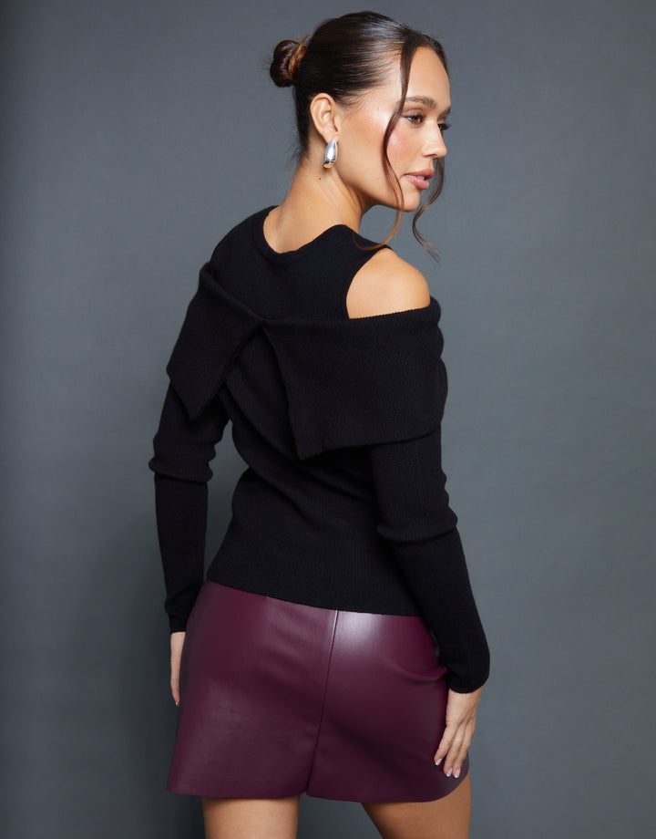 Black Cold Shoulder Bow Detail Knitted Jumper