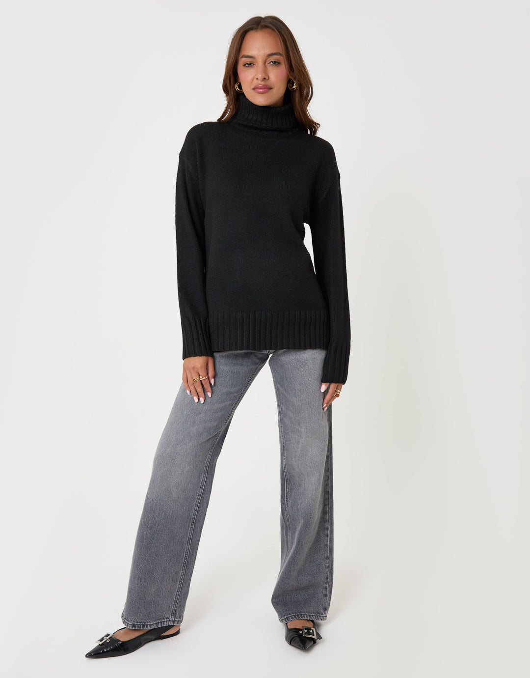 Threadbare Oversized Roll Neck Jumper in Black - full body
