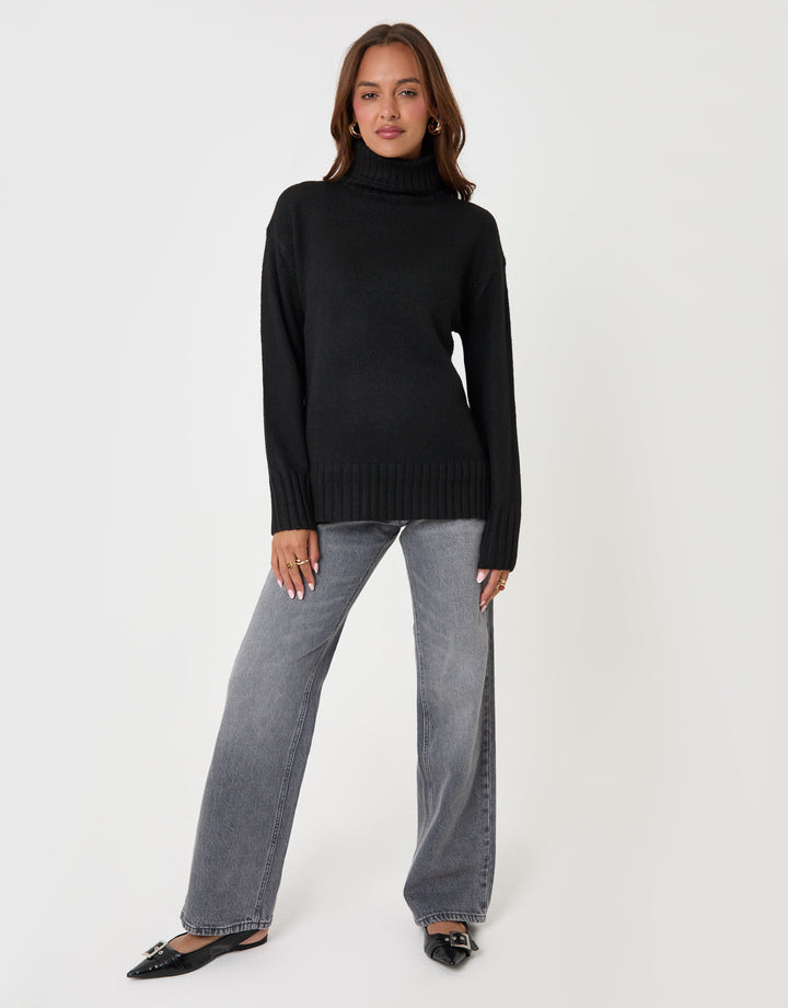 Threadbare Oversized Roll Neck Jumper in Black - full body