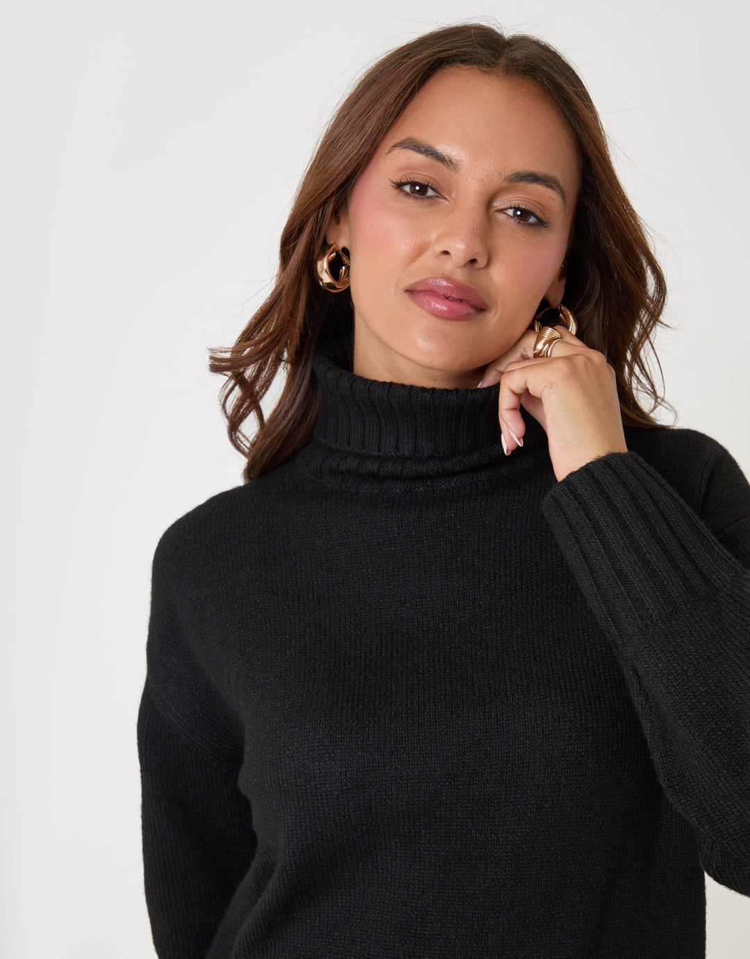 Threadbare Oversized Roll Neck Jumper in Black - close up