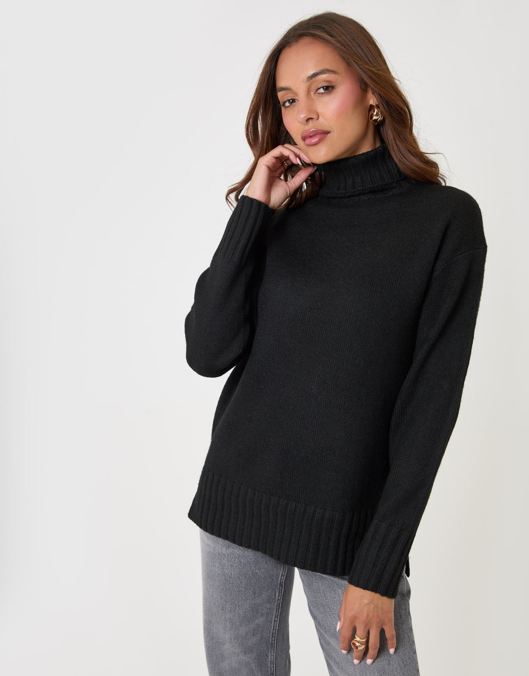 Threadbare Oversized Roll Neck Jumper in Black - front view