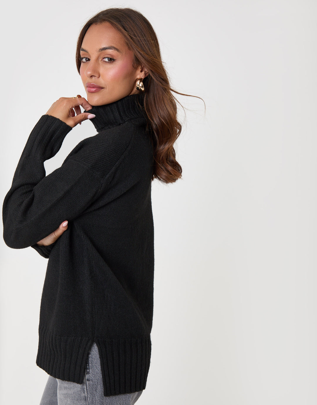 Threadbare Oversized Roll Neck Jumper in Black - side view