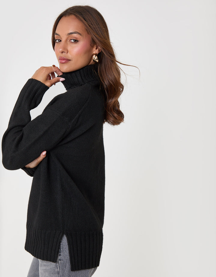 Threadbare Oversized Roll Neck Jumper in Black - side view