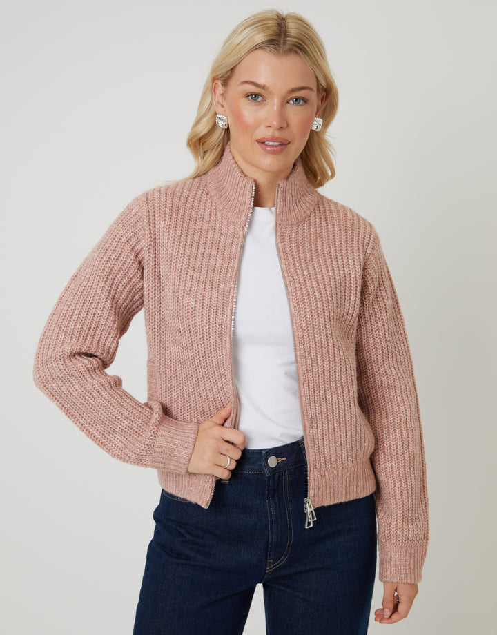 Pink Zip Through Knitted Bomber
