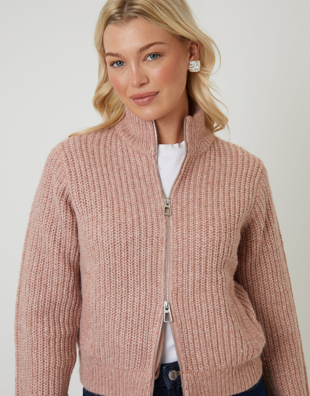 Pink Zip Through Knitted Bomber