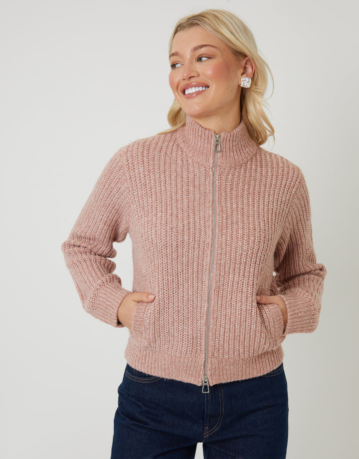 Pink Zip Through Knitted Bomber