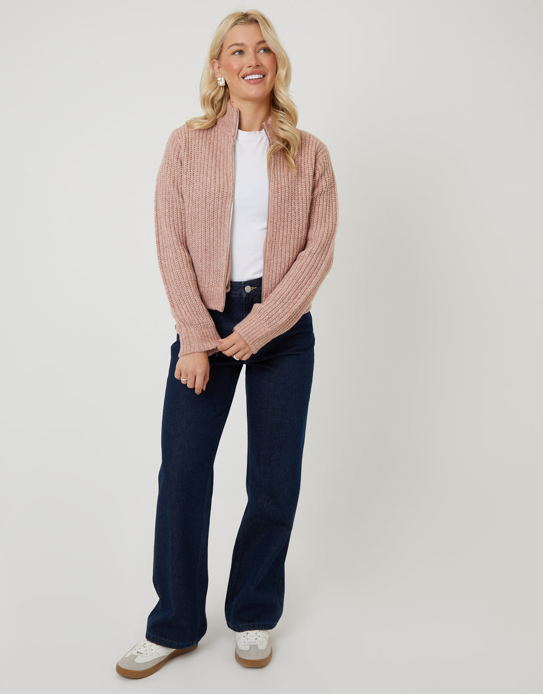 Pink Zip Through Knitted Bomber