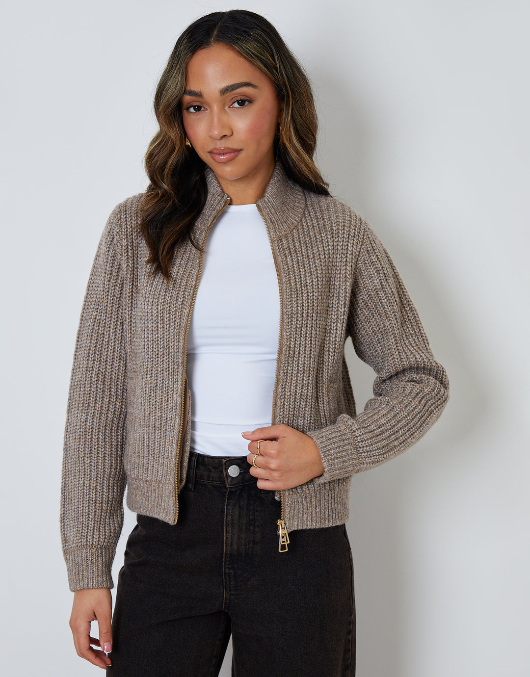 Beige Zip Through Knitted Bomber