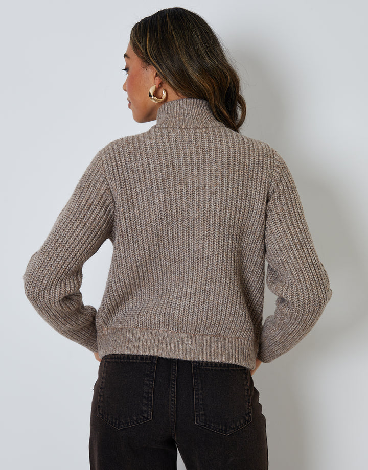 Beige Zip Through Knitted Bomber