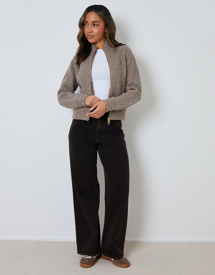 Beige Zip Through Knitted Bomber