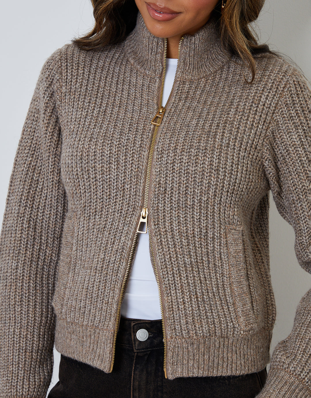 Beige Zip Through Knitted Bomber