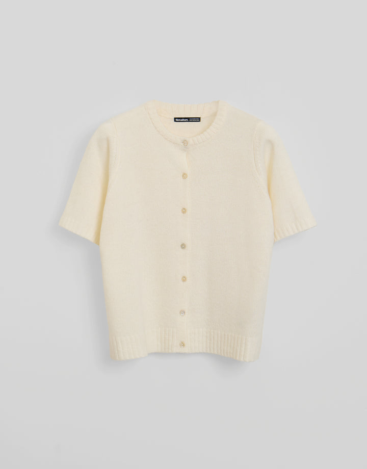 Threadbare Crew Neck Short Sleeve Knitted Cardigan in Lemon Yellow - flat lay