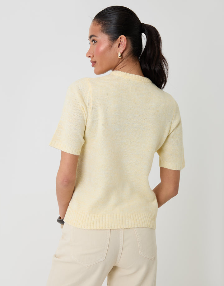 Threadbare Crew Neck Short Sleeve Knitted Cardigan in Lemon - back view