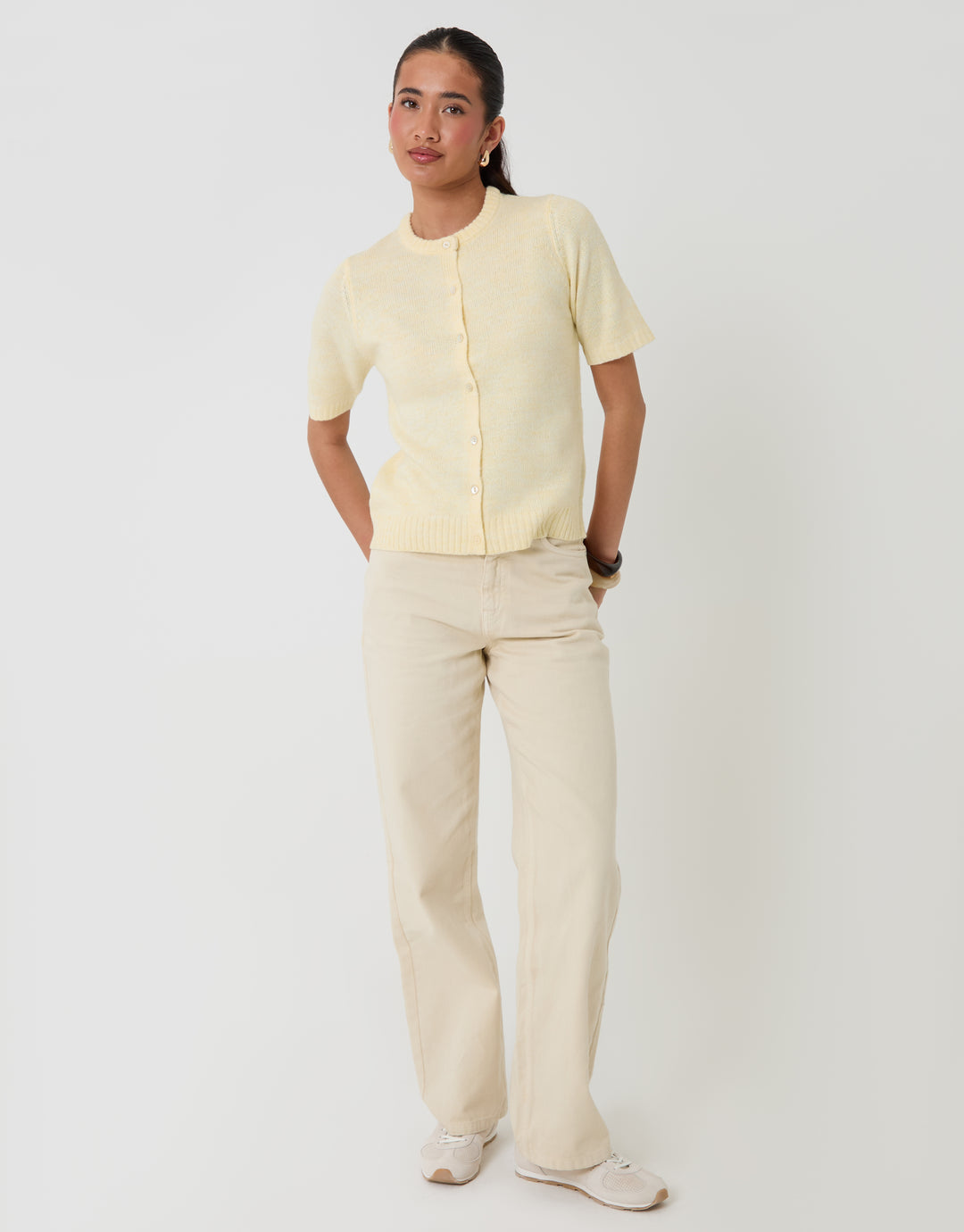 Threadbare Crew Neck Short Sleeve Knitted Cardigan in Lemon - full body