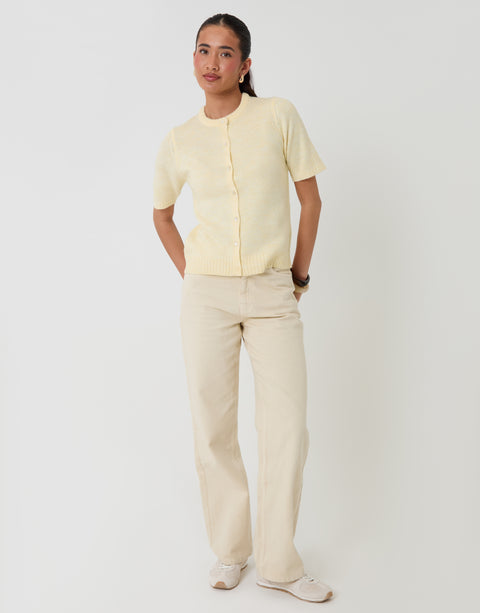 Threadbare Crew Neck Short Sleeve Knitted Cardigan in Lemon - full body