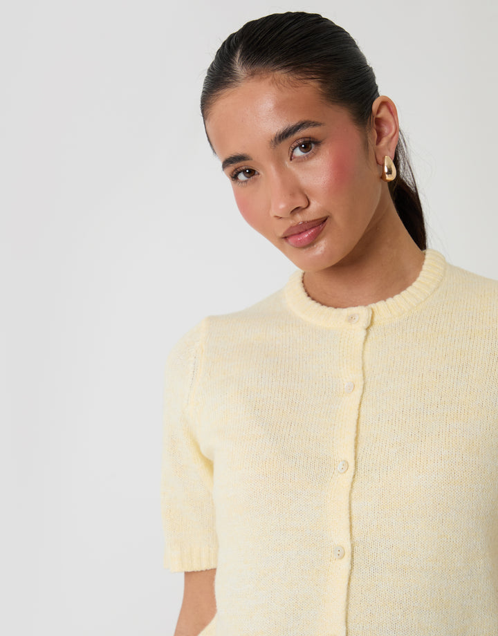 Threadbare Crew Neck Short Sleeve Knitted Cardigan in Lemon - close up