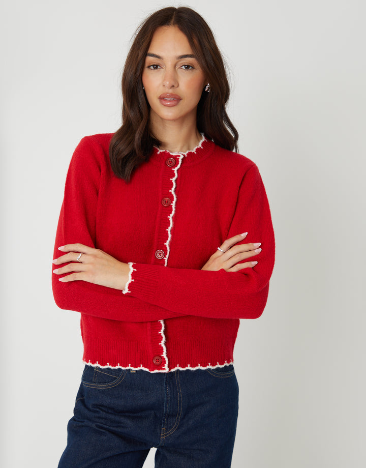 Red Crew Neck Scallop Trim Cardigan