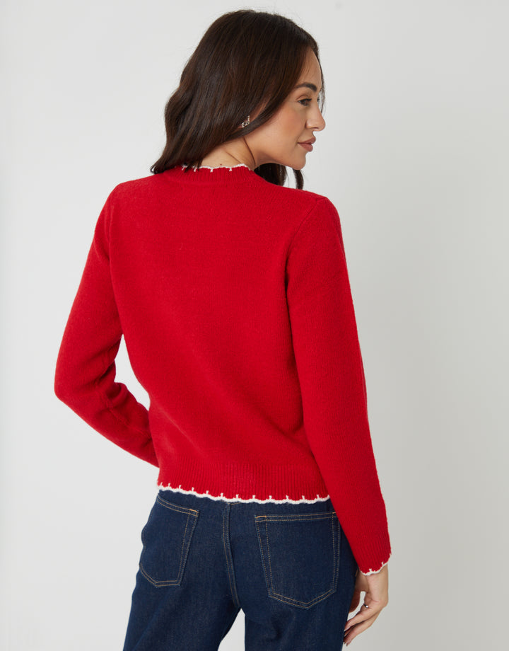 Red Crew Neck Scallop Trim Cardigan