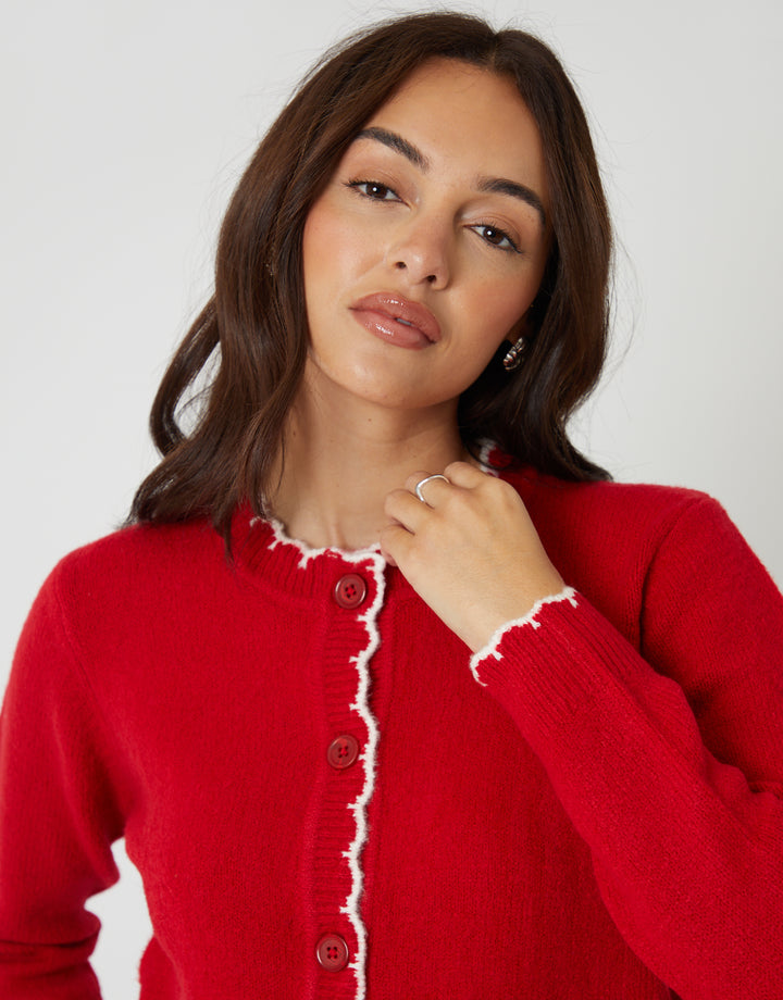 Red Crew Neck Scallop Trim Cardigan