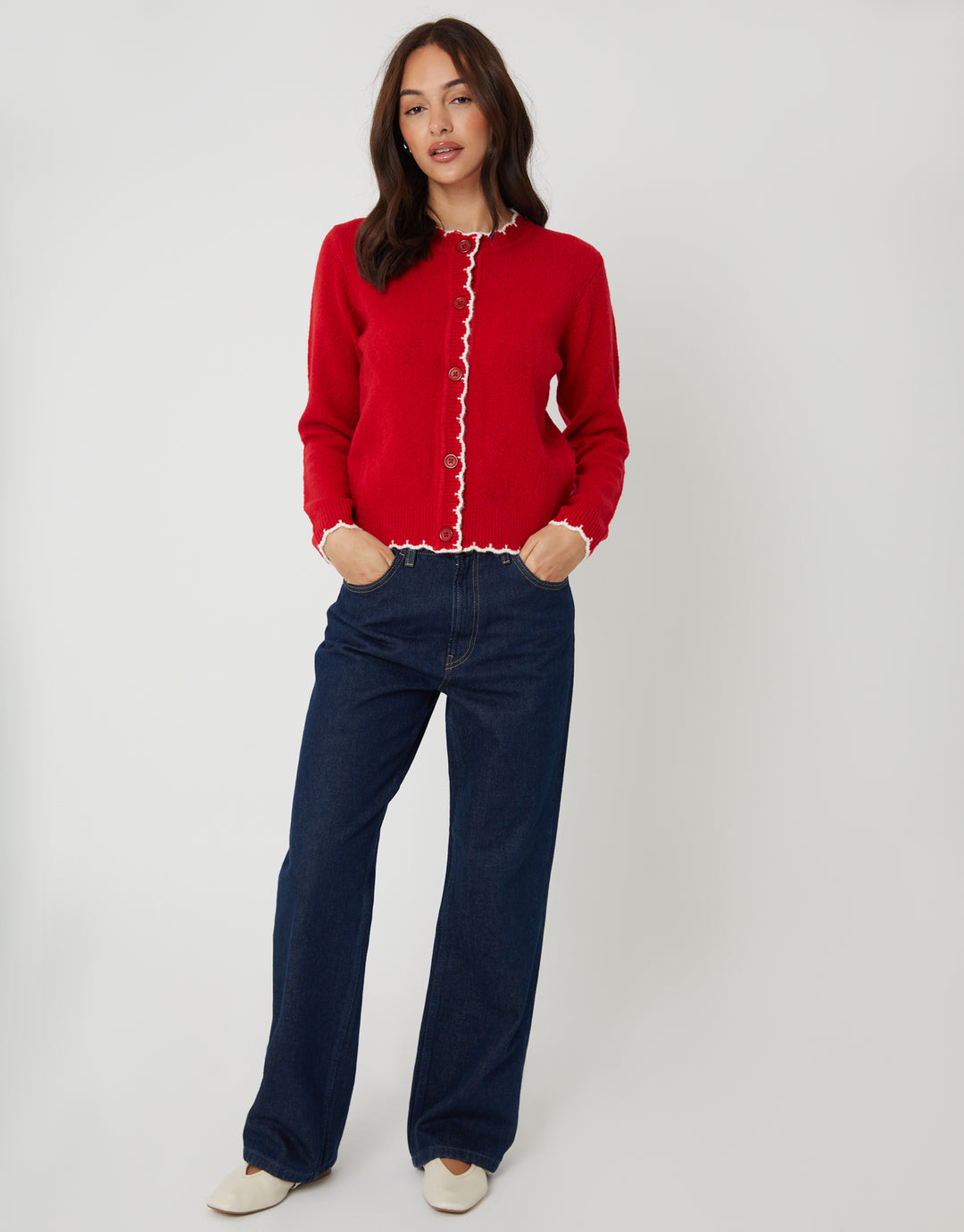 Red Crew Neck Scallop Trim Cardigan