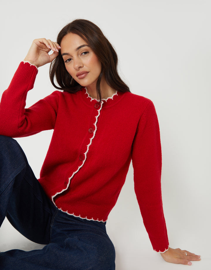 Red Crew Neck Scallop Trim Cardigan
