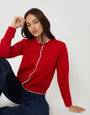 Red Crew Neck Scallop Trim Cardigan