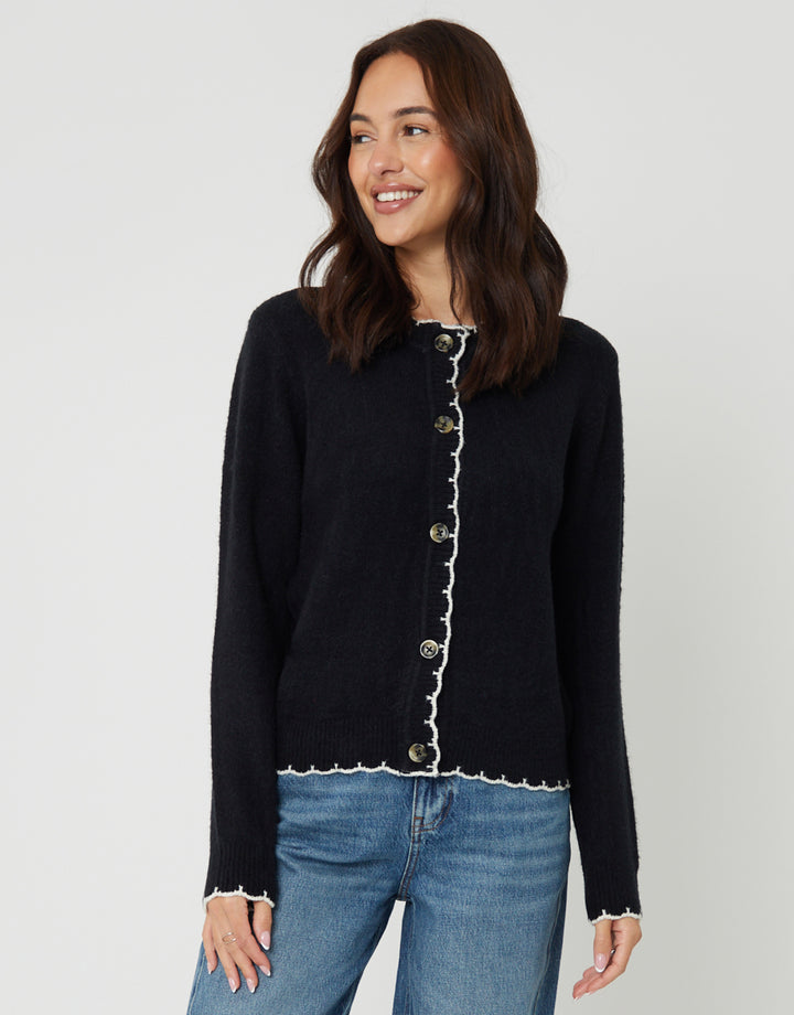 Black Crew Neck Scallop Trim Cardigan