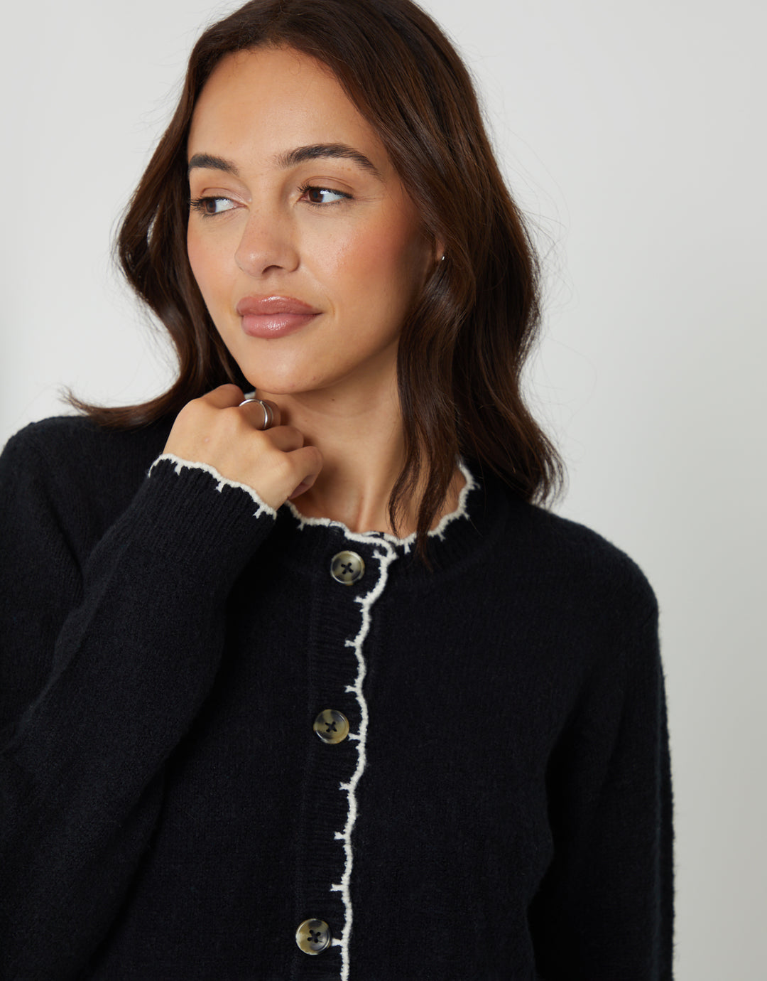 Black Crew Neck Scallop Trim Cardigan