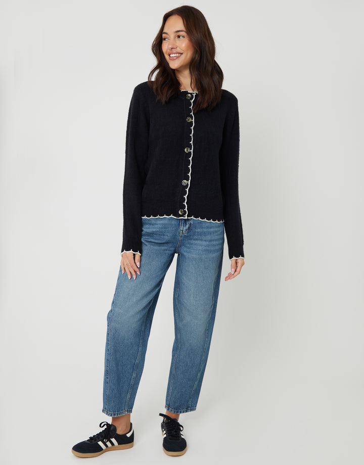 Black Crew Neck Scallop Trim Cardigan