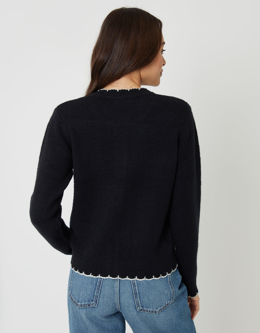 Black Crew Neck Scallop Trim Cardigan