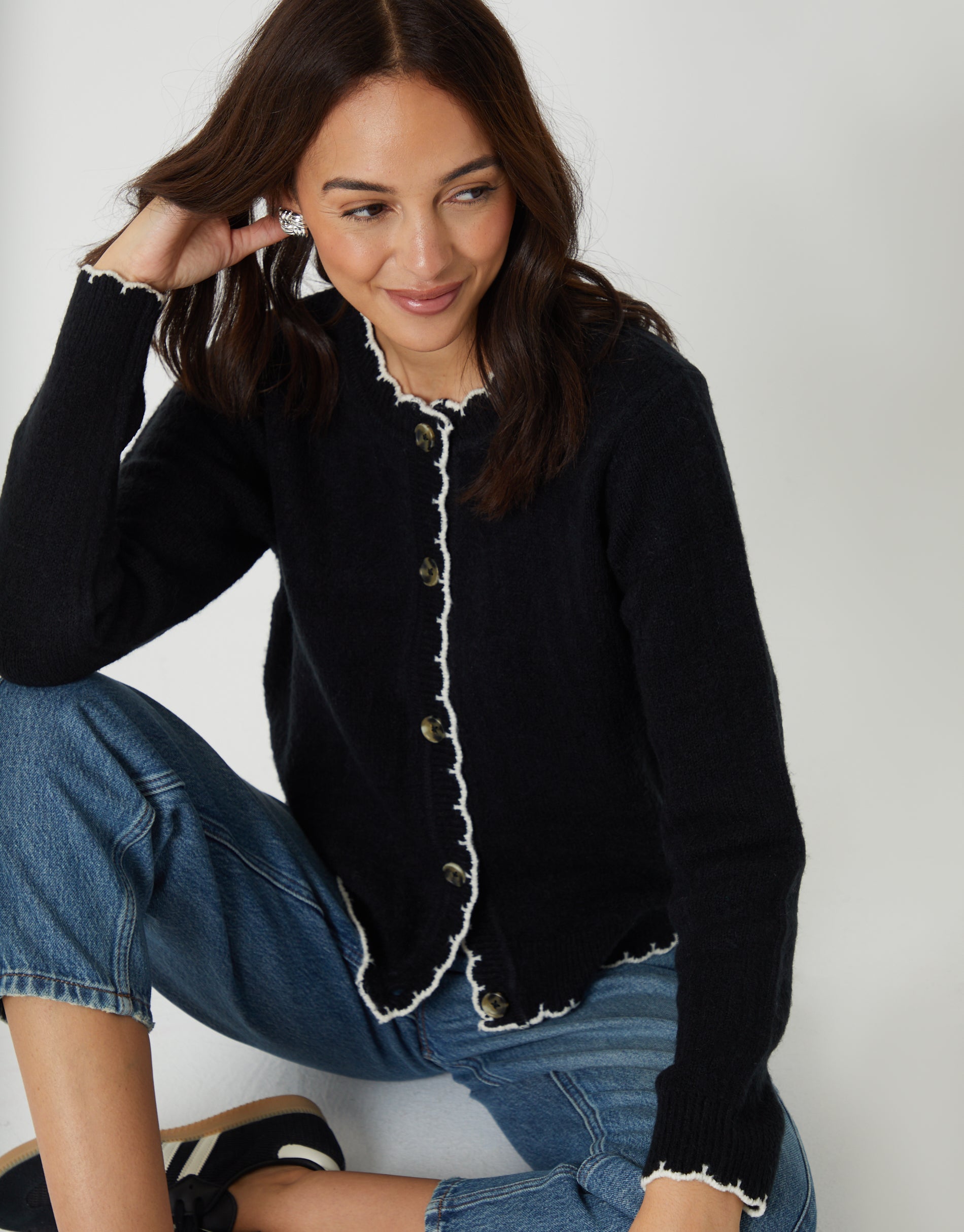 カーディガン Sacallop cut knitted jacket Scallop Cardigan Black / M mame☆Scallop Cut Knitted Jacket - black