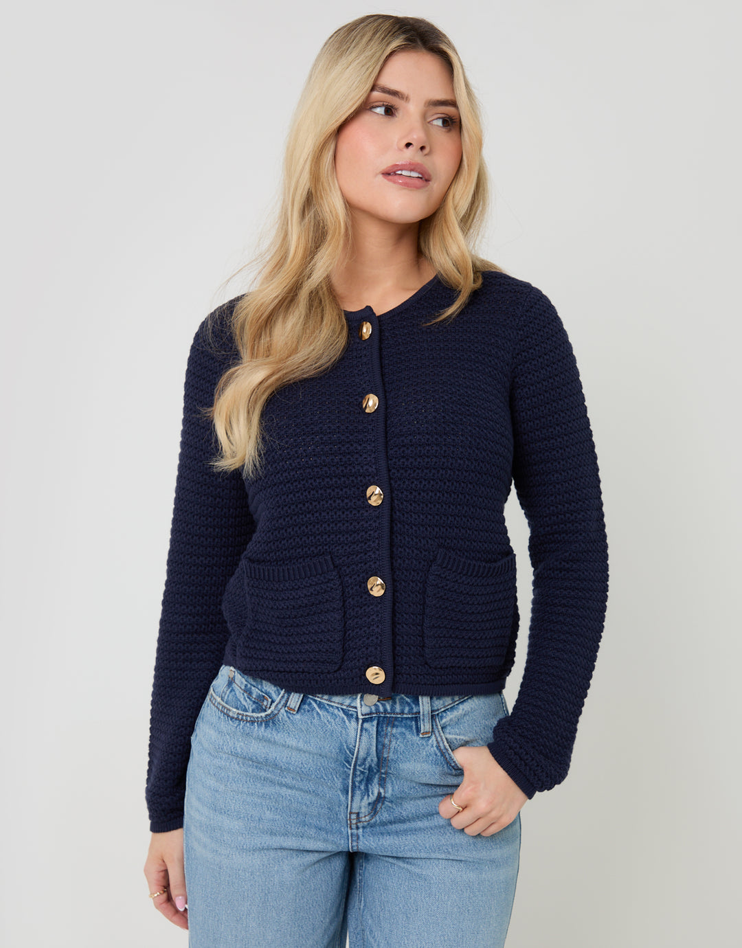 Navy Patch Pocket Crew Neck Cardigan