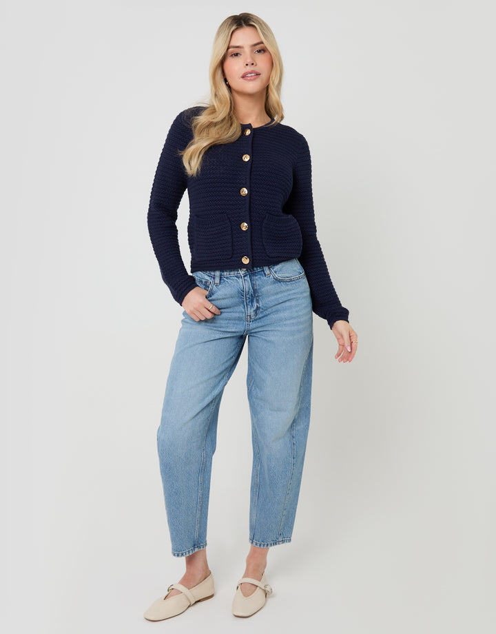 Navy Patch Pocket Crew Neck Cardigan