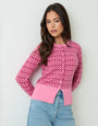 Pink Crew Neck Argyle Heart Print Cardigan