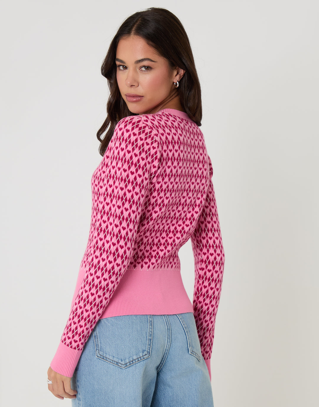 Pink Crew Neck Argyle Heart Print Cardigan