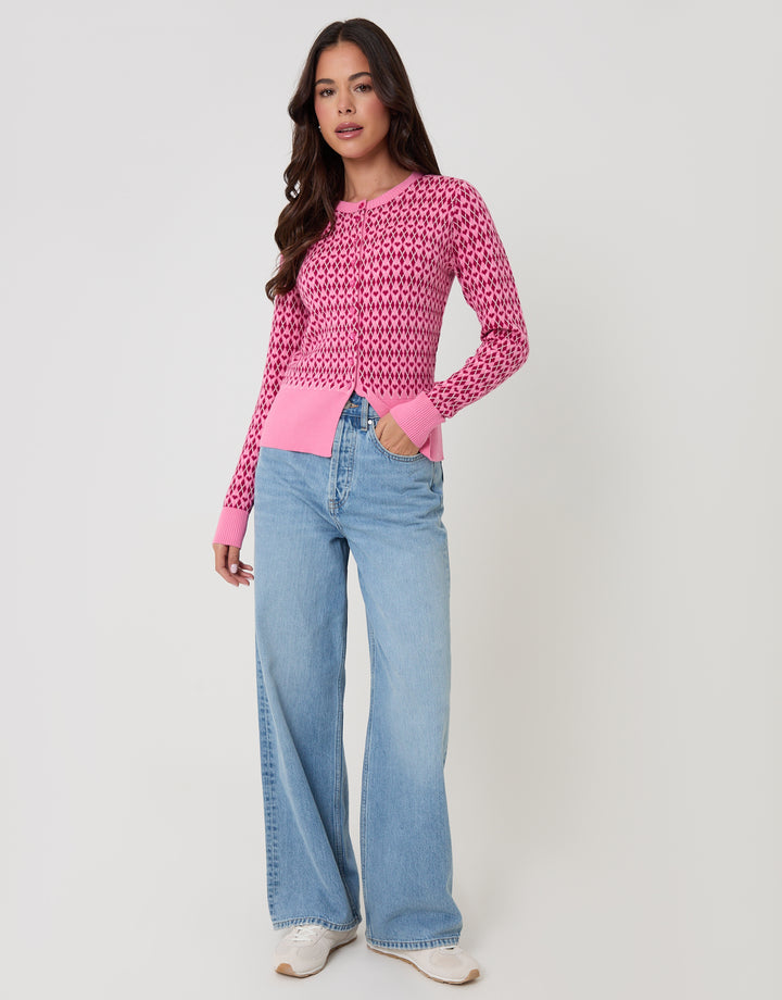 Pink Crew Neck Argyle Heart Print Cardigan